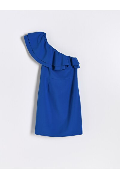 NO BRAND Rochie albastră asimetrică pe un umăr, cu volane, netedă, 40