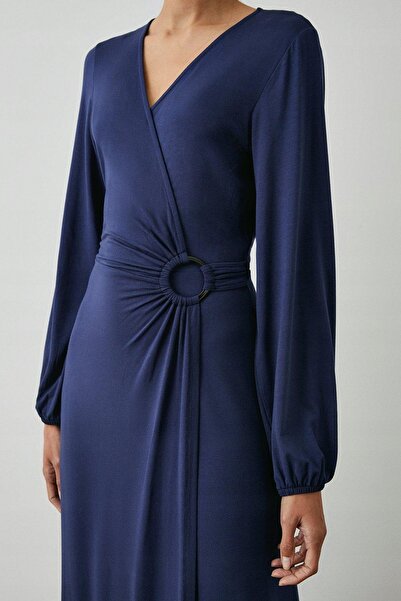 NO BRAND Rochie maxi clasică bleumarin cu mâneci lungi și curea decorativă, M...