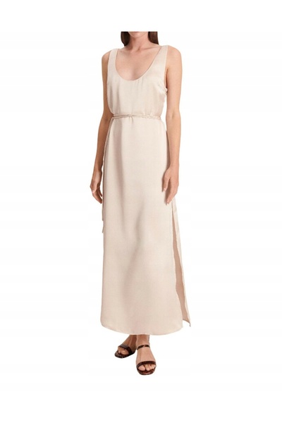 NO BRAND Rochie maxi din satin neted, bej deschis, cu bretele și șliț în S