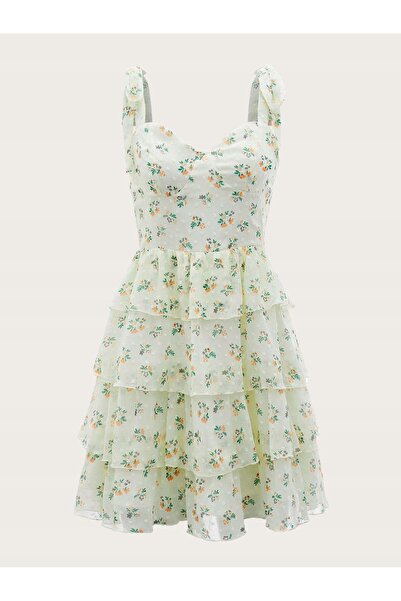 NO BRAND Rochie florală cremoasă cu volane, bretele cu șnur, din șifon, Shein XL