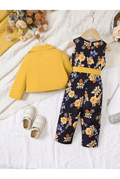 NO BRAND Set complet Salopetă neagră cu imprimeu floral Blazer lung galben Sh...