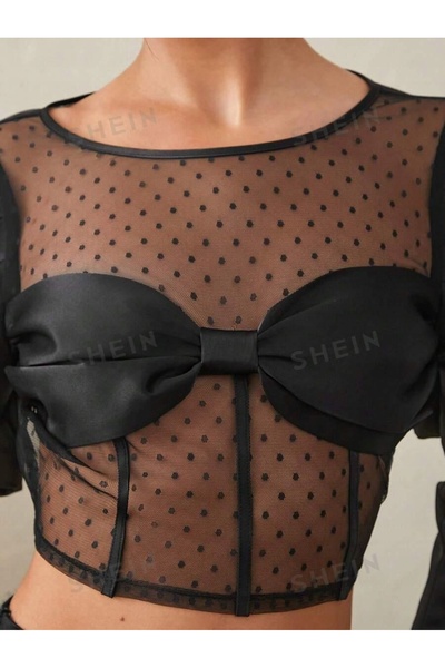 NO BRAND Bluză neagră scurtă din satin, cu bufante și model cu buline din pla...