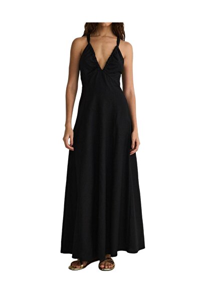 NO BRAND Rochie maxi neagră din viscoză cu bretele și decolteu în V, mărimea XL