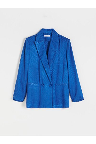 NO BRAND Blazer din viscoză albastru cu model, la două rânduri de nasturi, cu...