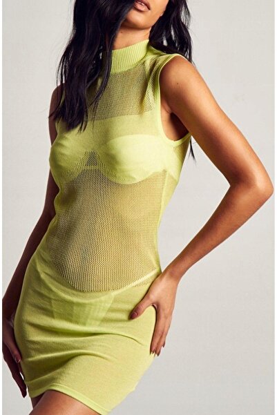 NO BRAND Rochie galbenă clasică, din plasă, mini, mulată, Misspap S
