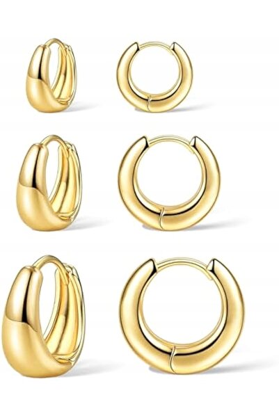 NO BRAND Set de 3 perechi de cercei tip inel din aur de 14K pentru femei, la ...