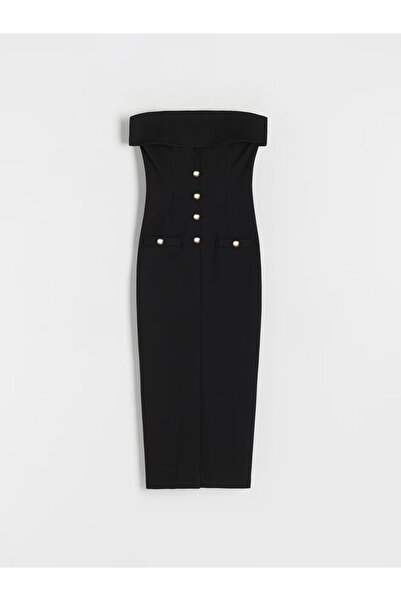 NO BRAND Rochie neagră tip tub, cu umerii goi, lungime midi, cu nasturi decor...