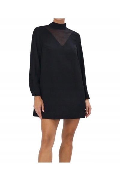 NO BRAND Rochie mini neagră cu mânecă lungă, clasică, simplă, cu șnur, netedă...