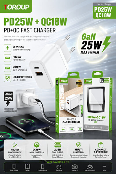 Toroup TTE-F20AC Încărcător rapid de perete GaN 25W PD, cu porturi duale USB-...