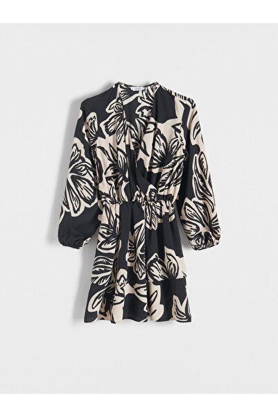 NO BRAND Rochie mini cu imprimeu negru-bej, cu mânecă lungă și guler decorati...