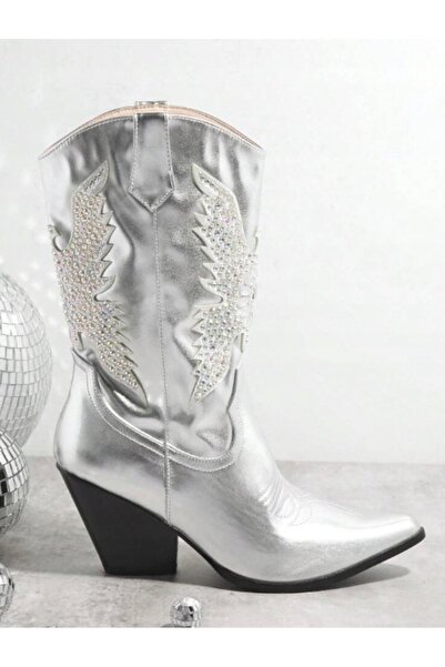 NO BRAND Cizme cowboy argintii metalice, tip slip-on, cu toc decorativ, Shein 38