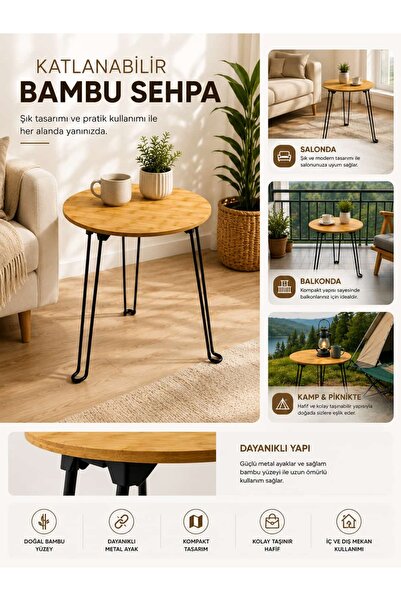 Myplas Doğal Bambu Katlanır Sehpa 44 cm - Yuvarlak Katlanabilir Metal Ayaklı ...
