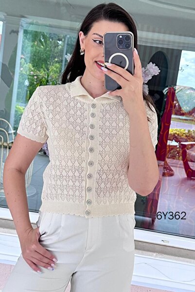 İnce Topuk Polo Collar Openwork Knitwear Cardigan 6Y362