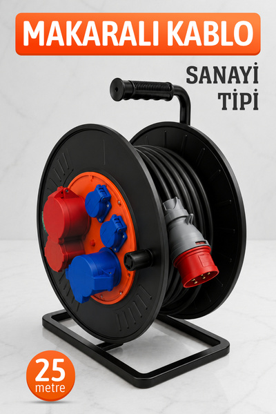 Badem10 25 Metre Sanayi Tipi Kablo Makarası 6 Çıkışlı Metal Gövdeli IP44 Endü...
