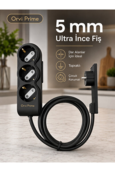 ORVİ prime 3’lü Ultra İnce Fişli Uzatma Kablosu 1,5 m | 5 mm İnce Fiş | Topra...