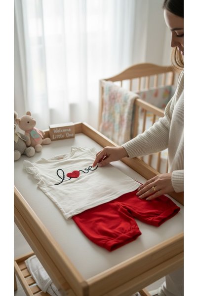 balbeybi Baby Girl Love Embroidered Ruffle Sleeve T-Shirt and Red Capri Leggings 2-Piece Set Summer