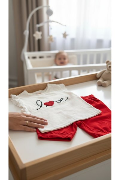 balbeybi Baby Girl Love Embroidered Ruffle Sleeve T-Shirt and Red Capri Leggings 2-Piece Set Summer