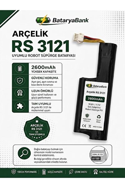 BataryaBank Arçelik RS 3121 Uyumlu Robot Süpürge Bataryası 10.8V / 11.1V 2600...