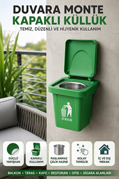 OpenCity Green Color Wall Mounted Ashtray with Lid, Adhesive Stainless Steel ...