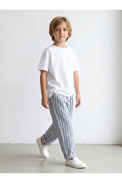 Catz Kids 100% Cotton Boys' Set Blue and White Striped Muslin Carrot Pants + ...