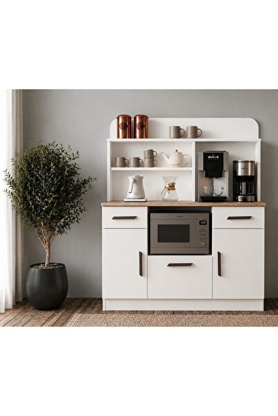 Rudu Milano Kahve Köşesi Mutfak 120x41x161cm Çok Amaçlı Dolap 3 Kapaklı 3 Raf...