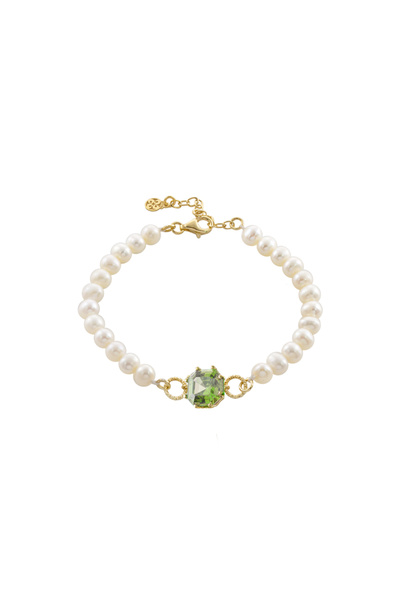 OXETTE Brățară de argint placată cu aur de 18k, cu perle și zirconiu verde. I...