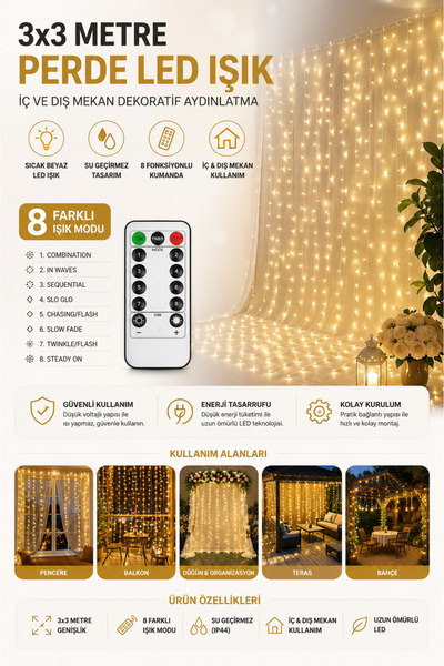 ALL FAST 3x3 Metre Premium Perde LED Işık | 8 Fonksiyonlu Su Geçirmez Dekorat...