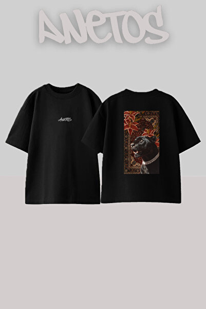 Anetos Panther Necklace Design Back Printed Cotton Black Oversize T-Shirt