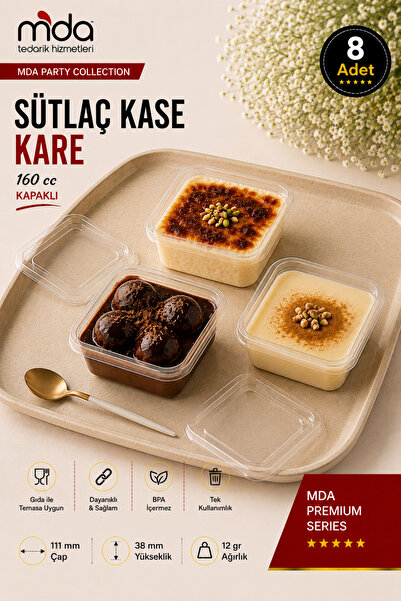 SMARTPACK Kristal Sütlaç Kase Kare 8'li Kapaklı