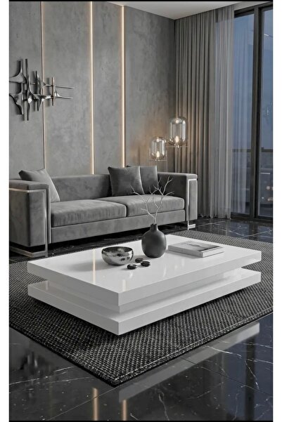 LUXURY VİLLA LUXURY KOMPLE BEYAZ CAMLI TEKERLEKLİ DEKORATIF ORTA SEHPA 80 × 1...