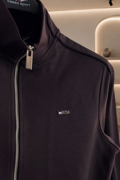 BESSA Brown Stand Collar Tracksuit Set with Stripe Detail, Lined Inside, Standard Fit, Zipper Pockets, Cotton Steel Interlock Fabric, Men's
