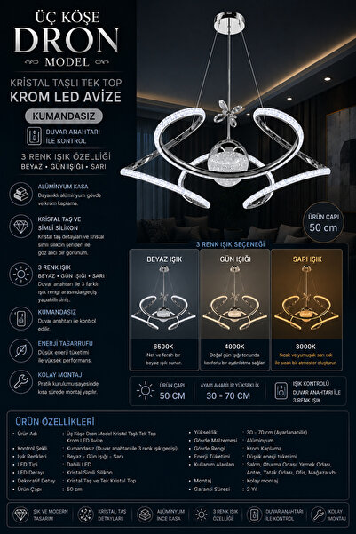 Genel Markalar Üç Köşe Dron Model Kristal Taşlı Tek Toplu Krom LED Avize - 3 ...