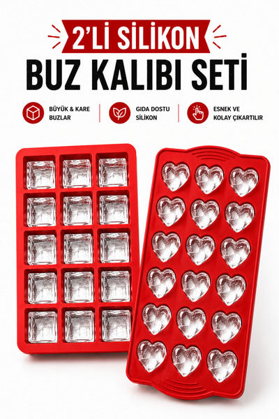 Delvos 2'li Kırmızı Silikon Kalpli ve Kare Buz Kalıbı | Silikon Yapışmaz Buzl...