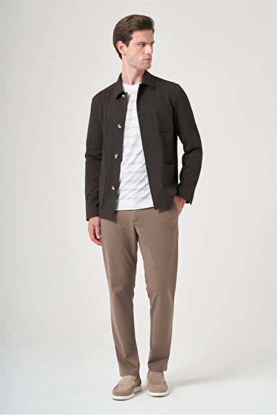 İmza Brown Berber Collar Striped Patterned Seersucker Slim Fit Casual Coat 10...