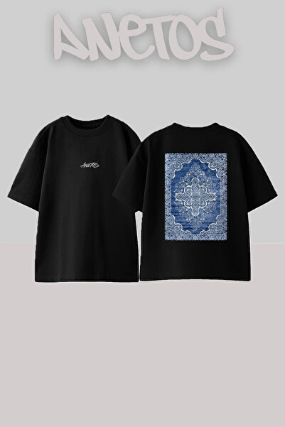 Anetos Mavi Persian Hali_1 Design Back Printed Cotton Black Oversize T-Shirt
