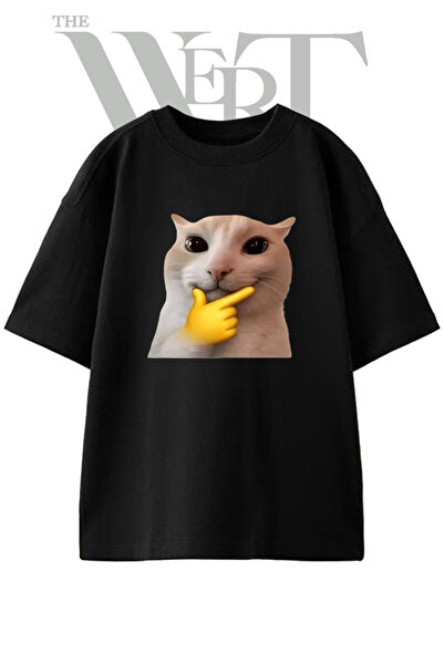THEWERT Μπλουζάκι Thinking Cat Design με στάμπα Unisex σε μαύρο χρώμα oversize