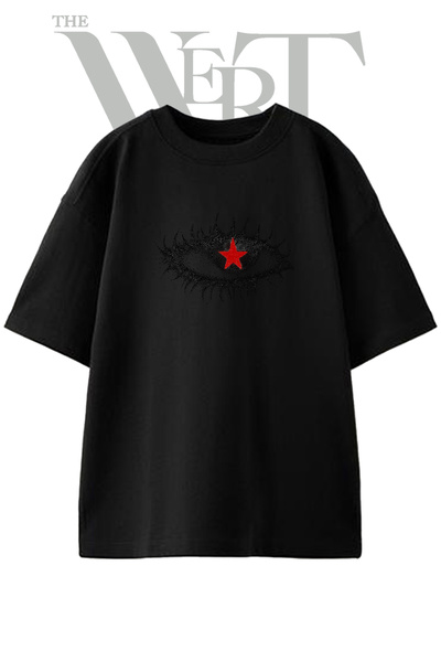THEWERT Red Star Eye Design Printed Unisex Black Oversize T-Shirt