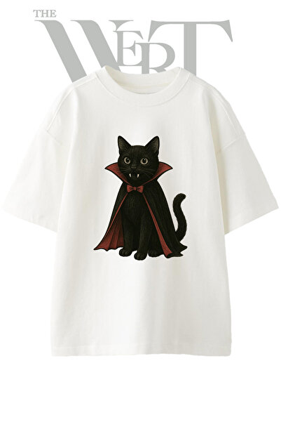 THEWERT Tricou oversize alb unisex cu imprimeu Vampir Cat Design