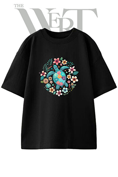 THEWERT Kaplumbaga Cicek Design Printed Unisex Black Oversize T-Shirt