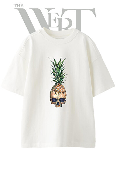 THEWERT Tricou oversize alb unisex cu imprimeu Skull Pineapple Design