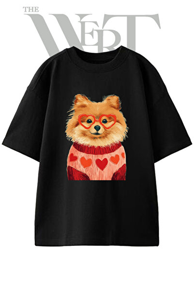 THEWERT Pomeranian srce dizajn, štampana unisex crna oversize majica