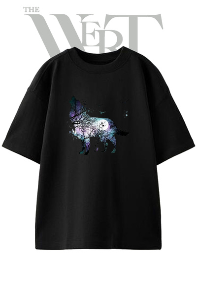 THEWERT Tricou oversize negru unisex cu imprimeu Wolf Night Sky Design