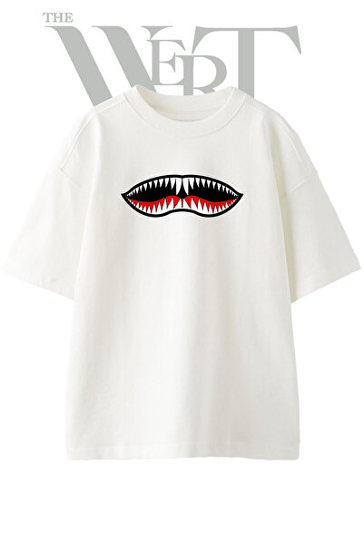 THEWERT تي شيرت أبيض كبير الحجم مطبوع بتصميم Shark Mouth_1 للجنسين