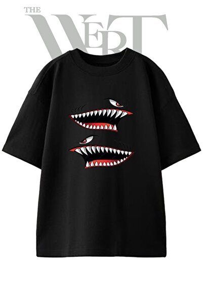 THEWERT تي شيرت أسود كبير الحجم مطبوع بتصميم Shark mouth_2 للجنسين