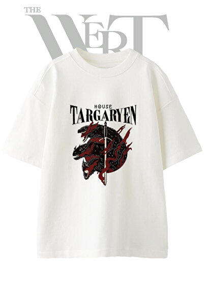 THEWERT House Targaryen_1 Tasarım Baskılı Ünisex Beyaz Oversize T-shirt