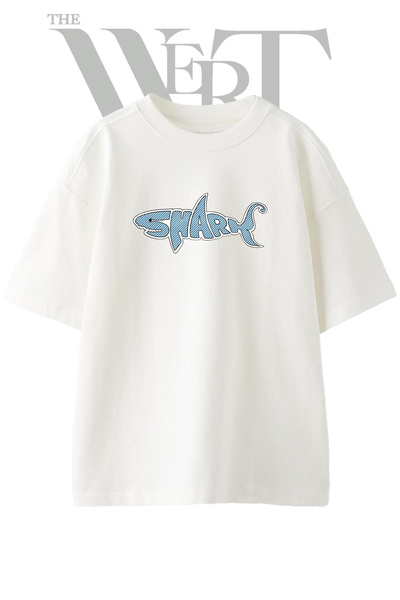 THEWERT Μπλουζάκι Unisex Λευκό Oversize με στάμπα Shark Text Design
