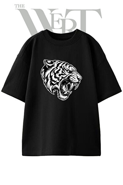 THEWERT Dizajn "Rikajući tigar" - unisex crna majica sa širokim krojem