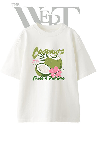 THEWERT Μπλουζάκι Unisex Λευκό Oversize με σχέδιο Coconut Hibiscus