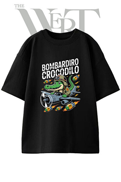 THEWERT Bombardier Crocodile Design Printed Unisex Black Oversize T-Shirt