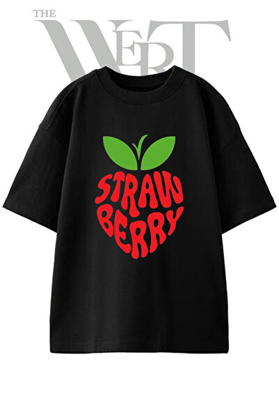 THEWERT Tricou oversize negru unisex cu imprimeu Strawberry Design